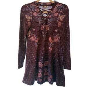 About A Girl Women's Small Tunic Purple Floral Lace Up V Neck Long Sleeve